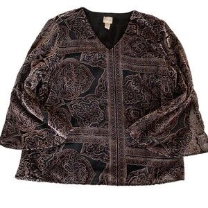 Chico's Victorian Medallion Burnout Velvet Black & Taupe V-Neck Tunic Top - M